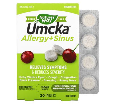 Nature's Way, Umcka, Allergy + Sinus, Cherry, 20 Tablets