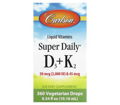 Carlson, Super Daily D3 + K2, рідкі вітаміни, 50 мкг (2000 МО) і 45 мкг, 360 вегетаріанських крапель, 10,16 мл (0,34 рідк. унції)