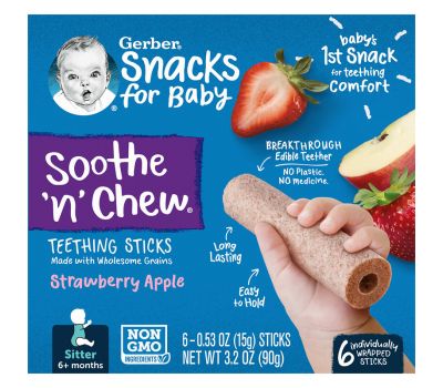 Gerber, Snacks for Baby, Soothe 'n' Chew, палички для прорізування зубів, для дітей від 6 місяців, полуниця та яблуко, 6 паличок в індивідуальній упаковці по 15 г (0,53 унції)