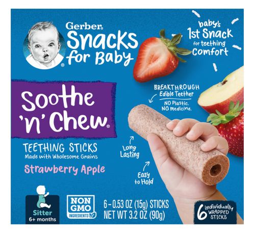 Gerber, Snacks for Baby, Soothe 'n' Chew, палички для прорізування зубів, для дітей від 6 місяців, полуниця та яблуко, 6 паличок в індивідуальній упаковці по 15 г (0,53 унції)
