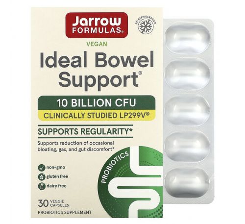 Jarrow Formulas, Ideal Bowel Support 299v, засіб для підтримки кишківника, 10 млрд клітин, 30 рослинних капсул