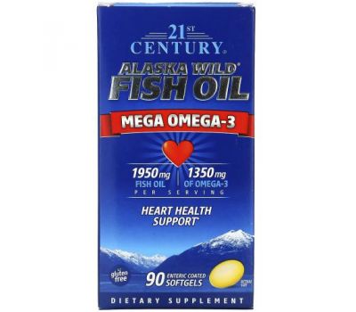21st Century, Alaska Wild Fish Oil, Mega Omega 3, 1950 mg /1350 mg, 90 Enteric Coated Softgels