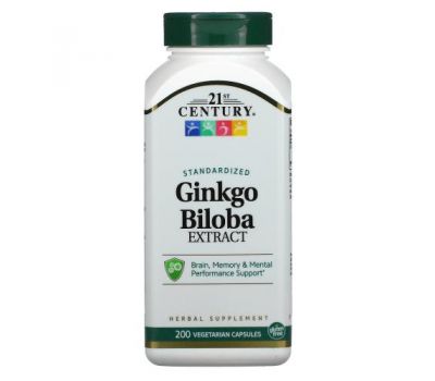 21st Century, Экстракт Ginkgo biloba, стандартизированный, 200 вегетарианских капсул