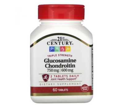 21st Century, Glucosamine / Chondroitin, Triple Strength, 750 mg / 600 mg, 60 Tablets
