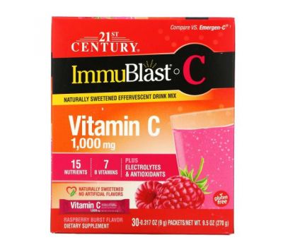21st Century, ImmuBlast-C, витамин C, смесь для приготовления шипучего напитка, малина, 1000 мг, 30 пакетиков, 9 г (0,317 унции) каждый