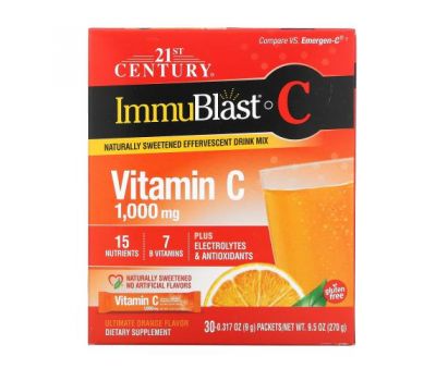 21st Century, ImmuBlast-C, витамин C, смесь для приготовления шипучего напитка, апельсин, 1000 мг, 30 пакетиков, 9 г (0,317 унции) каждый