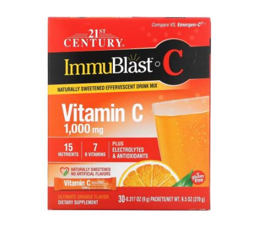 21st Century, ImmuBlast-C, витамин C, смесь для приготовления шипучего напитка, апельсин, 1000 мг, 30 пакетиков, 9 г (0,317 унции) каждый