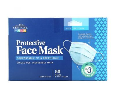 21st Century, Одноразовая защитная маска для лица ASTM F2100, 50 шт в упаковке, картонные коробки по 5-10 упаковок
