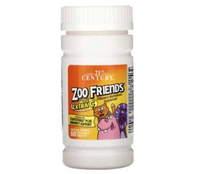 21st Century, Zoo Friends з додаванням вітаміну C, апельсин, 60 жувальних таблеток