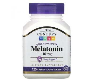 21st Century, Быстрорастворимый мелатонин, с вишневым вкусом, 10 мг, 120 таблеток