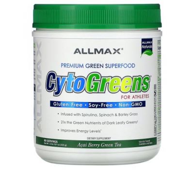 ALLMAX Nutrition, CytoGreens, зеленый суперпродукт премиального качества для спортсменов, зеленый чай с ягодами асаи, 535 г (1,2 фунта)