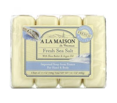 A La Maison de Provence, мыло для рук и тела, морская соль, 4 бруска по 100 г (3,5 унции) каждый