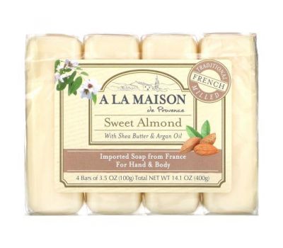 A La Maison de Provence, Hand & Body Bar Soap, Sweet Almond, 4 Bars, 3.5 oz Each