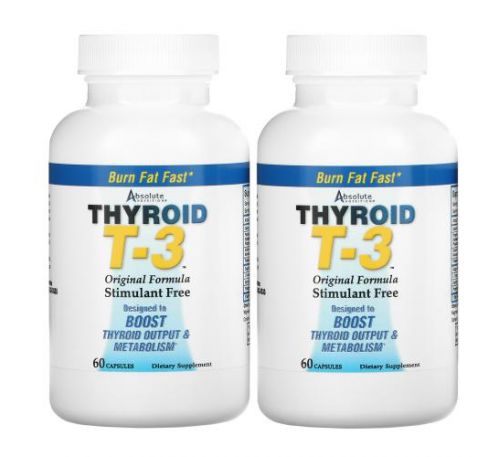 Absolute Nutrition, Thyroid T-3, для щитовидной железы, оригинальная формула, 2 флакона, 60 капсул в каждой