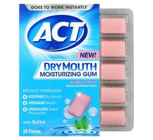 Act, Dry Mouth Moisturizing Gum with Xylitol, Bubble Fresh, 20 Pieces
