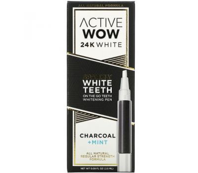 Active Wow, 24K White, отбеливающая ручка для зубов, древесный уголь и мята, 2,5 мл (0,09 жидк. Унции)