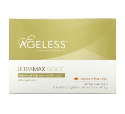 Ageless Foundation Laboratories, UltraMax Gold, поліпшена формула омолодження з альфатрофіном, зі смаком валенсійського апельсина, 22 пакетика по 17,4 г кожен