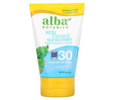 Alba Botanica, Kids, Mineral Sunscreen, SPF 30, Fragrance Free, 4 oz (113 g)
