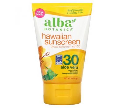 Alba Botanica, Натуральный Гавайский солнцезащитный крем, фактор защиты SPF 30, 4 жидких унций (113 г)