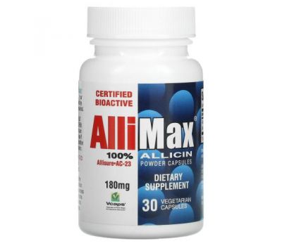 Allimax, 100% Allicin Powder Capsules, 180 mg, 30 Vegetarian Capsules