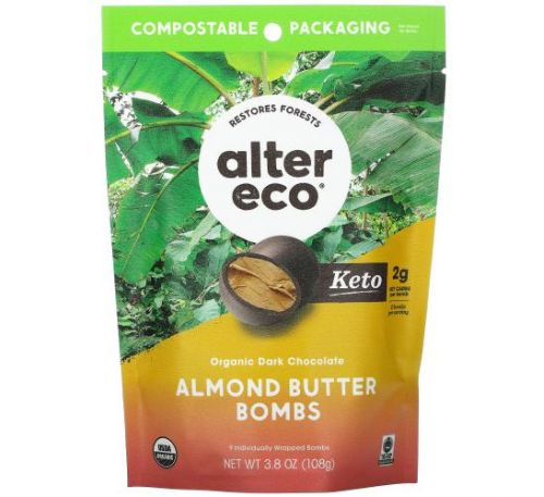 Alter Eco, Органические бомбы из темного шоколада и миндального масла, 3,8 унции (108 г)