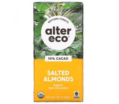 Alter Eco, плитка органического темного шоколада, соленый миндаль, 70% какао, 80 г (2,82 унции)