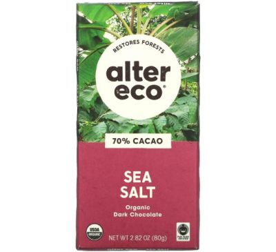 Alter Eco, Organic Dark Chocolate Bar, Sea Salt, 70% Cacao, 2.82 oz (80 g)