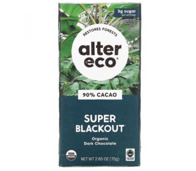 Alter Eco, Organic Dark Chocolate Bar, Super Blackout, 90% Cacao, 2.65 oz (75 g)
