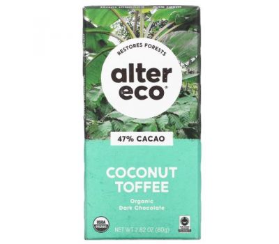 Alter Eco, органічний чорний шоколад, кокос та ірис, 47 % какао,80 г (2,82 унції)