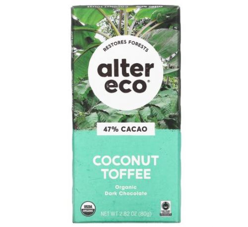 Alter Eco, плитка органического темного шоколада, кокос и ирис, 47% какао, 80 г (2,82 унции)