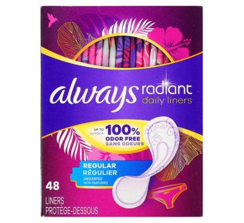 Always, Ежедневные вкладыши Radiant, обычные, без запаха, 48 вкладышей