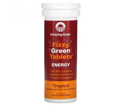Amazing Grass, Green Superfood, шипучие таблетки из зелени для пополнения запаса энергии, со вкусом тропических фруктов, 10 таблеток