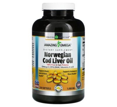 Amazing Nutrition, Жир печени норвежской трески, лимон, 1000 мг, 250 мягких таблеток