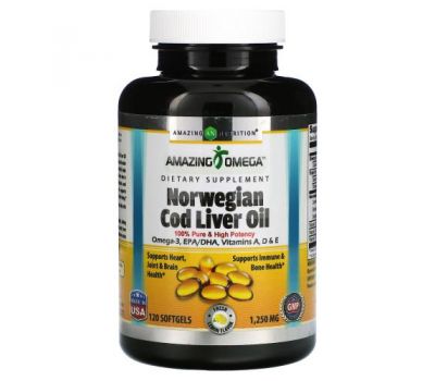 Amazing Nutrition, Norwegian Cod Liver Oil, Lemon, 1,250 mg, 120 Softgels