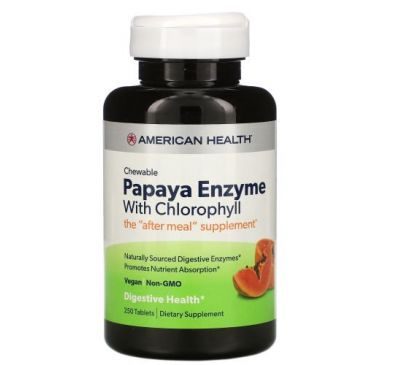 American Health, фермент папаї, з хлорофілом, 250 жувальних таблеток