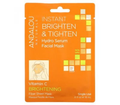 Andalou Naturals, Instant Brighten & Tighten, Hydro Serum Beauty Facial Mask, Brightening, 1 Single Use Fiber Sheet Mask, .6 fl oz (18 ml)