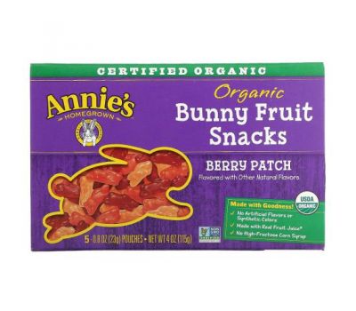 Annie's Homegrown, Organic Bunny Fruit Snacks, Berry Patch, 5 Pouches, 0.8 oz (23 g) Each