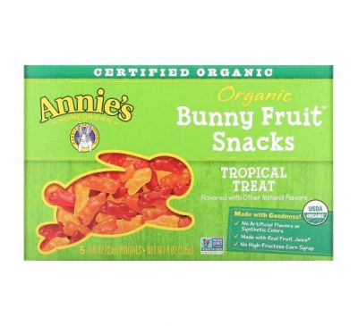 Annie's Homegrown, Organic Bunny Fruit Snacks, Tropical Treat, 5 Pouches, 0.8 oz (23 g) Each