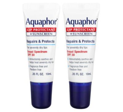 Aquaphor, Lip Protectant + Sunscreen, SPF 30, 2 Tubes, 0.35 fl oz (10 ml)