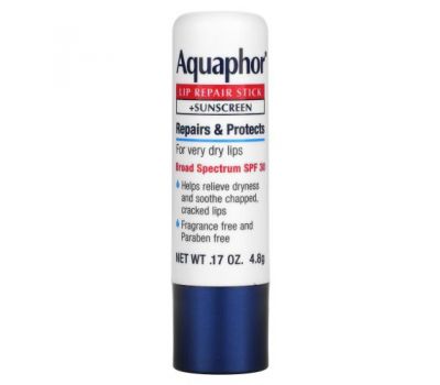 Aquaphor, Стик для восстановления губ + солнцезащитный крем, SPF 30, без отдушек, 4,8 г (0,17 унции)