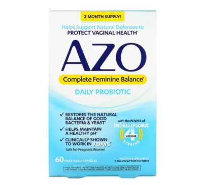 Azo, Complete Feminine Balance, Daily Probiotic, 5 Billion Active Cultures, 60 Once Daily Capsules