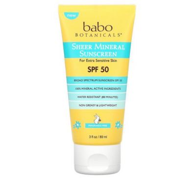 Babo Botanicals, Sheer Mineral Sunscreen SPF 50, Fragrance Free, 3 fl oz (89 ml)