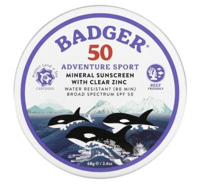 Badger Company, Adventure Sport, Mineral Sunscreen with Clear Zinc, SPF 50, Unscented, 2.4 oz (68 g)