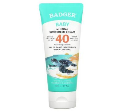 Badger Company, Baby Mineral Sunscreen Cream, SPF 40, Chamomile & Calendula,  2.9 fl oz (87 ml)