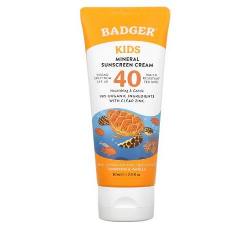 Badger Company, Clear Sport, для детей, натуральный минеральный солнцезащитный крем, солнцезащитный фактор SPF 40, мандарин и ваниль, 87 мл (2,9 жидк. унции)