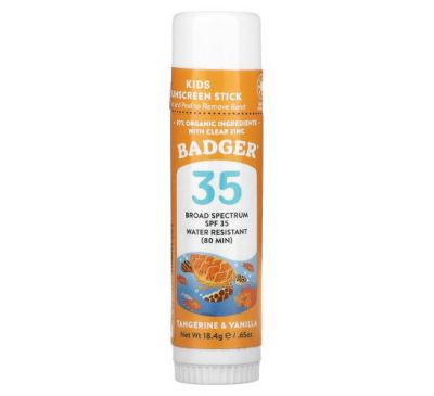 Badger Company, детское натуральное минеральное солнцезащитное средство в стике для лица, SPF 35, мандарин и ваниль, 18,4 г (0,65 унции)