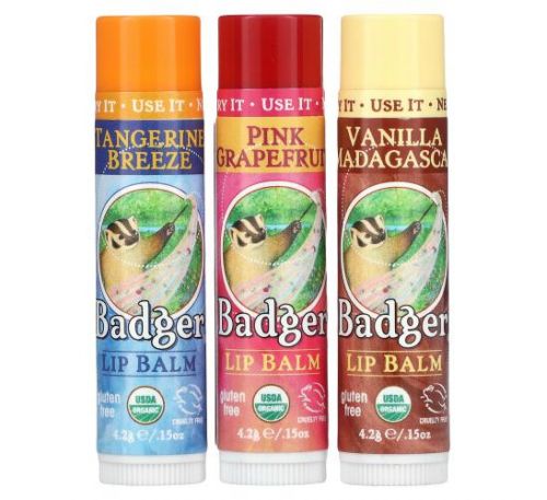 Badger Company, подарочный набор бальзамов для губ, красная упаковка, 3 штуки по 4,2 г (0,15 унции) каждый