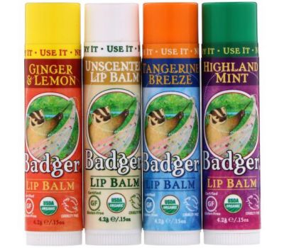 Badger Company, Organic Classic Lip Balm Sticks, Blue Box, 4 Lip Balm Sticks, .15 oz (4.2 g) Each