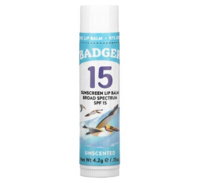 Badger Company, Sunscreen Lip Balm, SPF 15, Unscented, 0.15 oz (4.2 g)