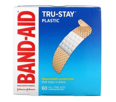 Band Aid, Tru-Stay, лейкопластир, пластикові смужки, 60 пластирів